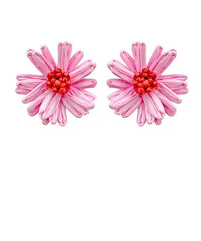 Pink and Red Raffia Flower Earrings