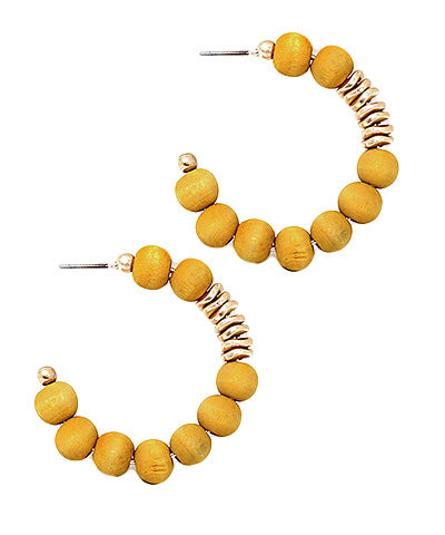 Mustard Metal Disk on Wood Bead Hoops