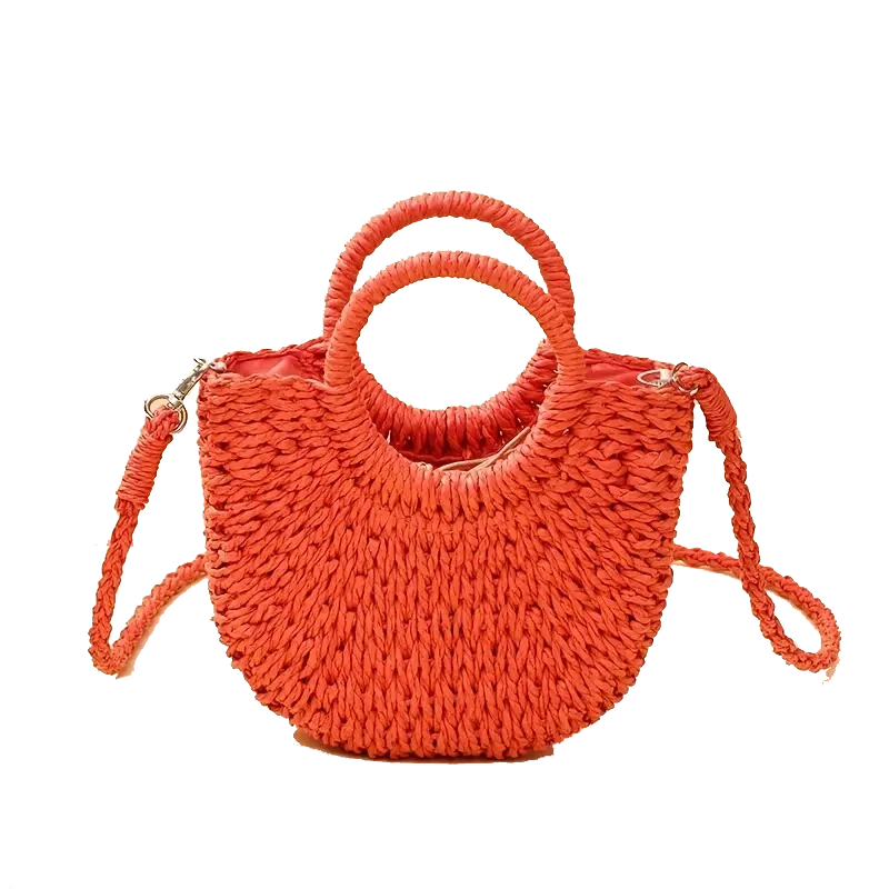 Tangerine Hand Woven Straw Handle Bag