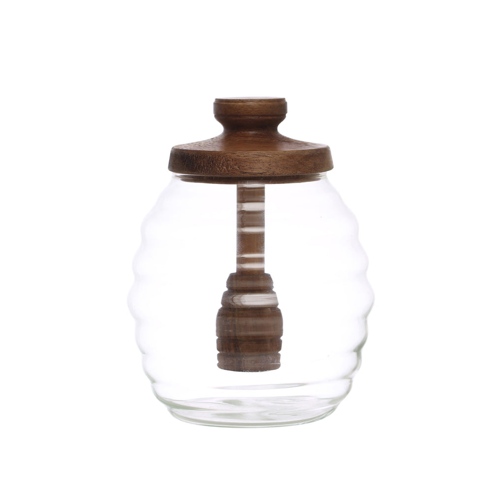 14 oz. Glass Honey Jar w/ Acacia Wood Lid & Attached Honey Dipper, Natural