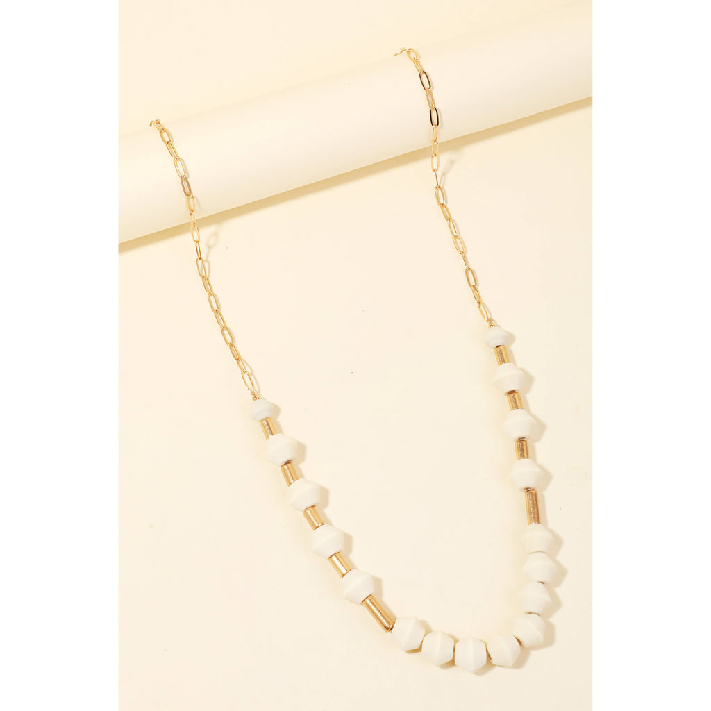 Ivory Wooden And Metallic Bead Necklace